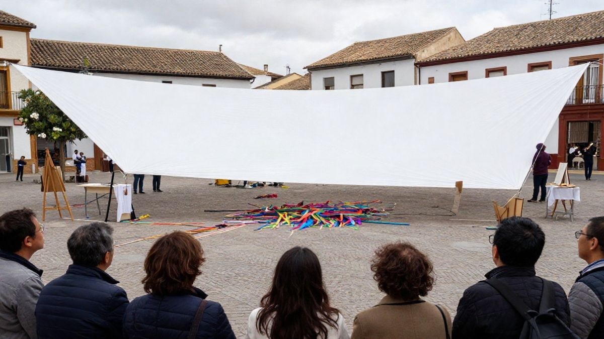 Imagen ilustrativa: una plaza española con instalaciones artísticas al aire libre, telas y caballetes, sin personas reconocibles.