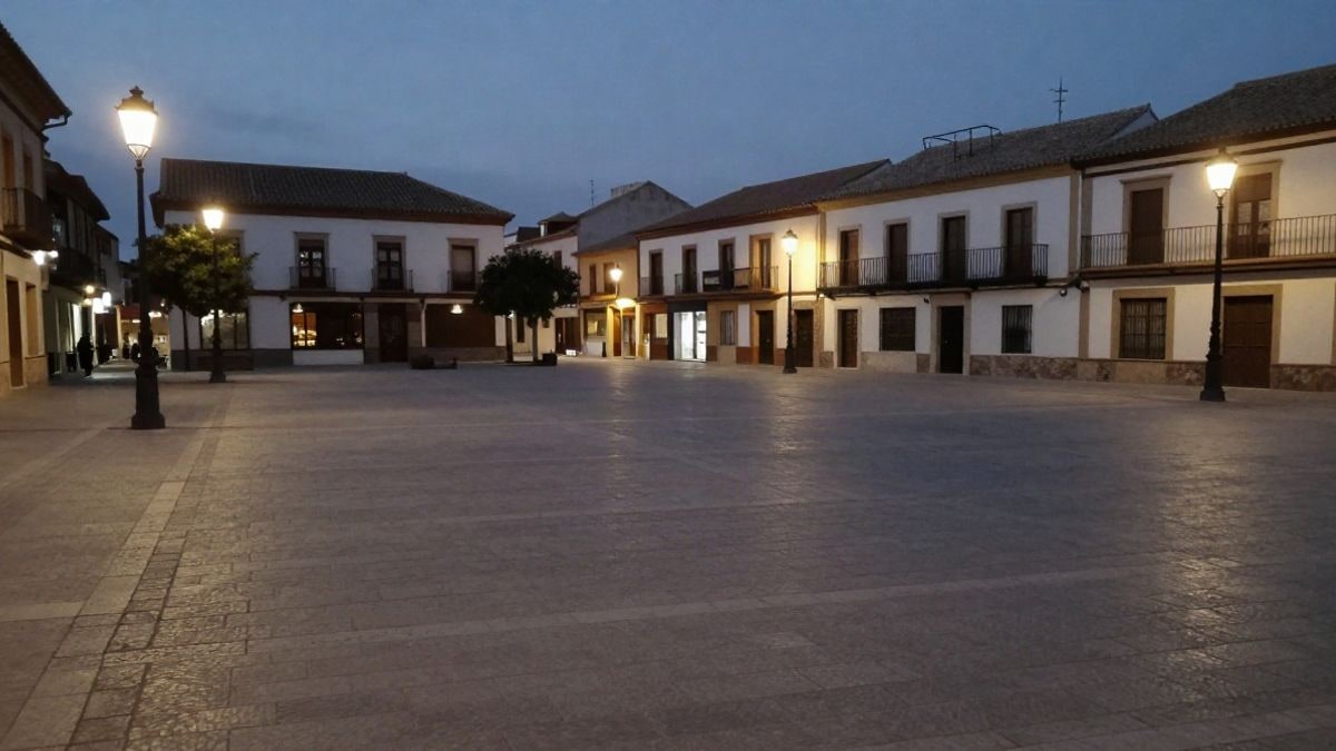 Imagen ilustrativa: plaza nocturna de una localidad española con una figura solitaria al fondo y farolas encendidas
