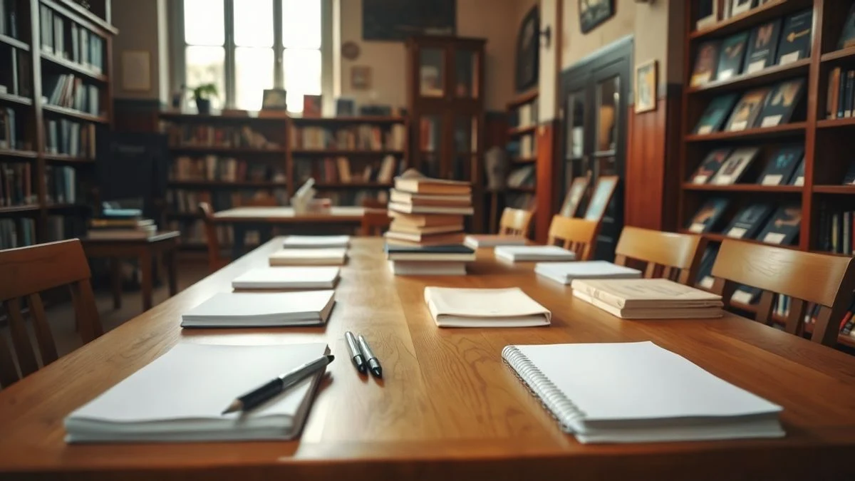 Imagen ilustrativa: mesa de una biblioteca con cuadernos y bolígrafos junto a una ventana