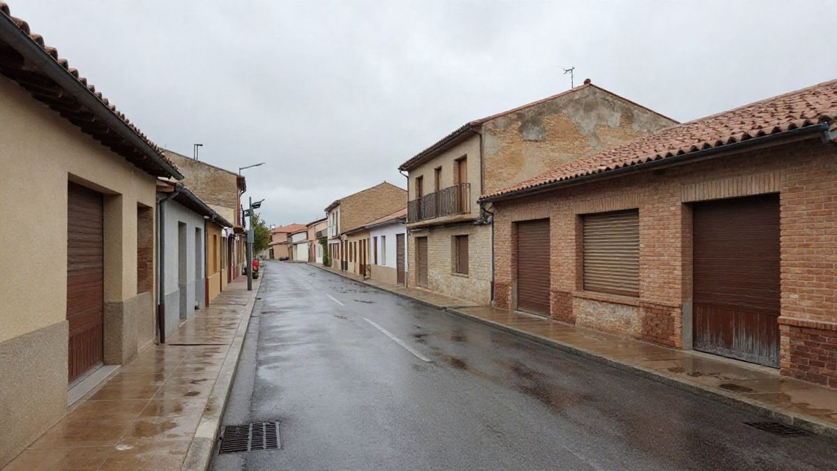 Imagen ilustrativa: calle de un municipio español con asfalto mojado y cielo encapotado