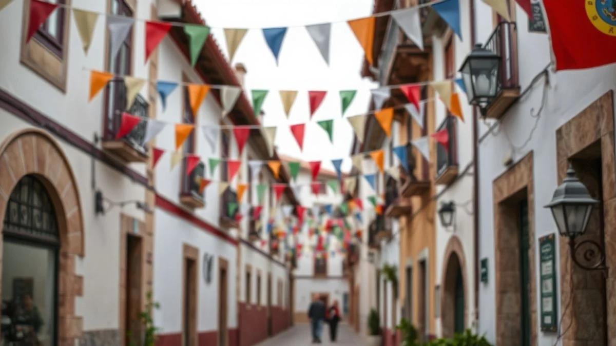 Imagen ilustrativa: calle de un pueblo español engalanada con banderines de colores para unas fiestas patronales, con un grupo de personas de espaldas al fondo.