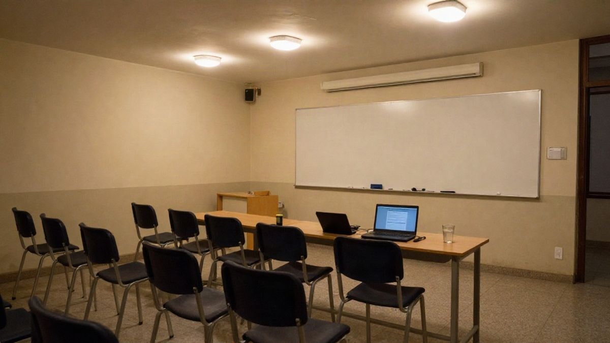 Imagen ilustrativa: aula de formación vacía con sillas y pizarra iluminada por luz artificial
