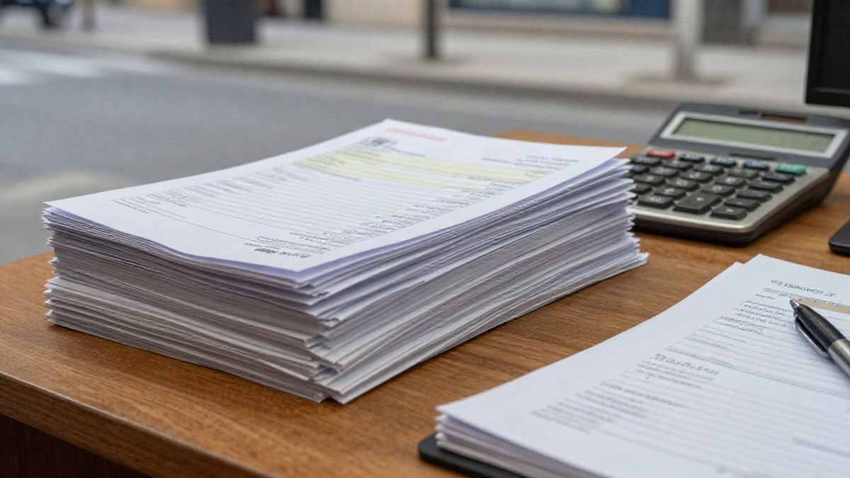 Illustrative image: detail of paper invoices and a calculator on an office desk