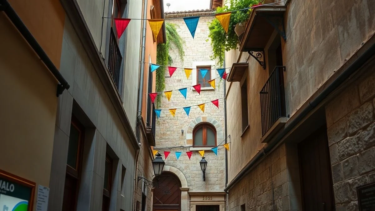 Imagen ilustrativa: calle empedrada con guirnaldas y luces festivas, típica de las fiestas de Alcalá de Henares.