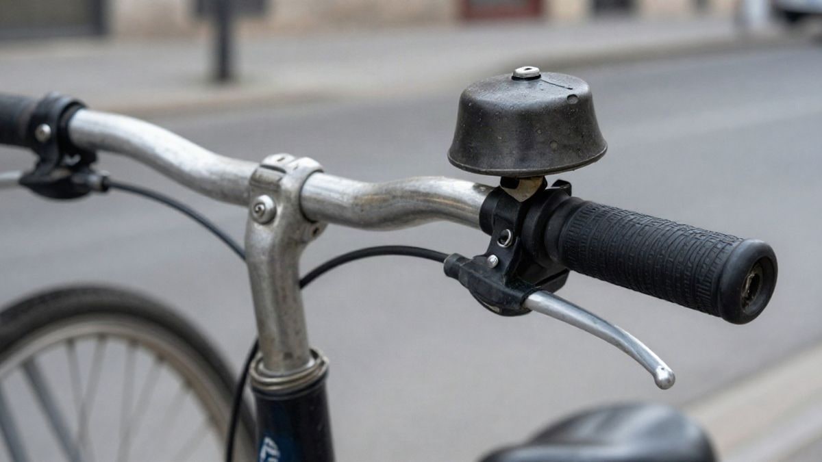 Imagen ilustrativa: primer plano del manillar y el timbre de una bicicleta aparcada en la calle