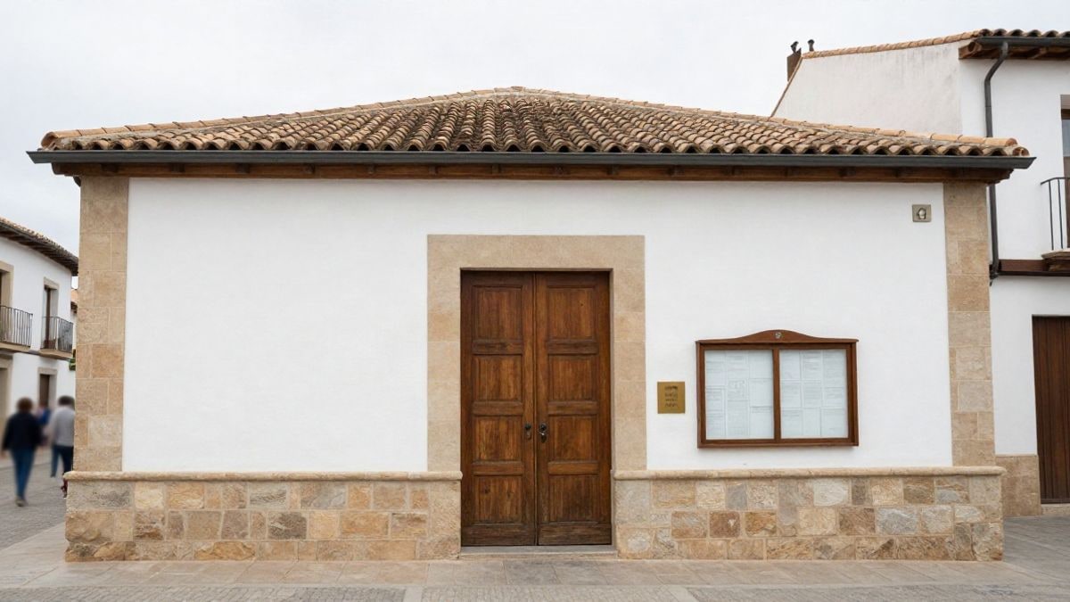 Illustrative image: facade of a generic town hall building in a Spanish village, with wooden door and notice board