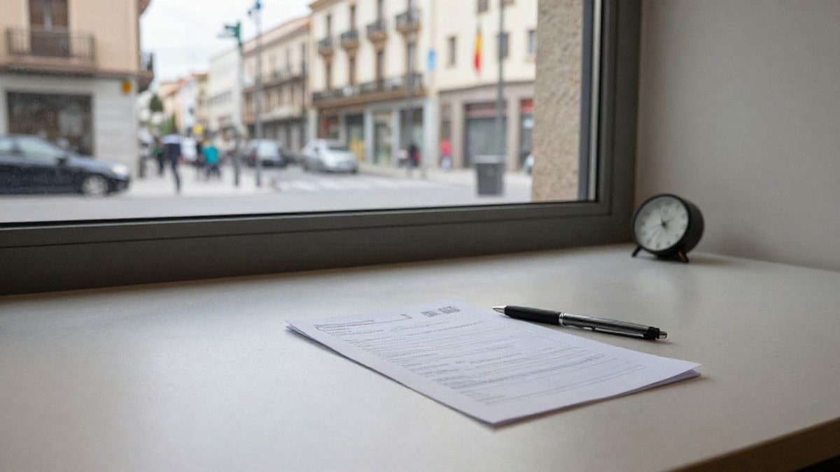 Illustrative image: a DNI and a passport on an office table next to a pen and a clock