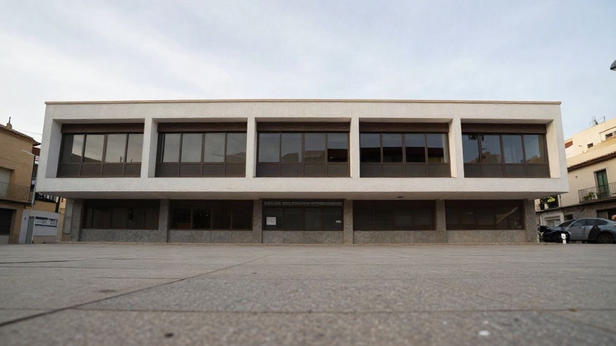 Imagen ilustrativa: ángulo bajo de un edificio moderno de baja altura con grandes ventanales y cielo despejado