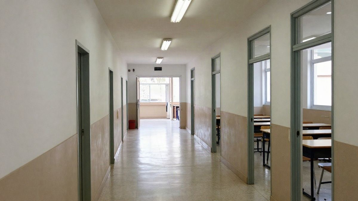 Illustrative image: empty school corridor with air conditioning units and LED light