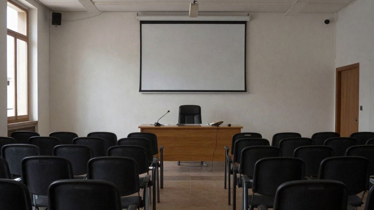 Imagen ilustrativa: sala de plenos municipal con sillas vacías y mesa preparada para una jornada de debate