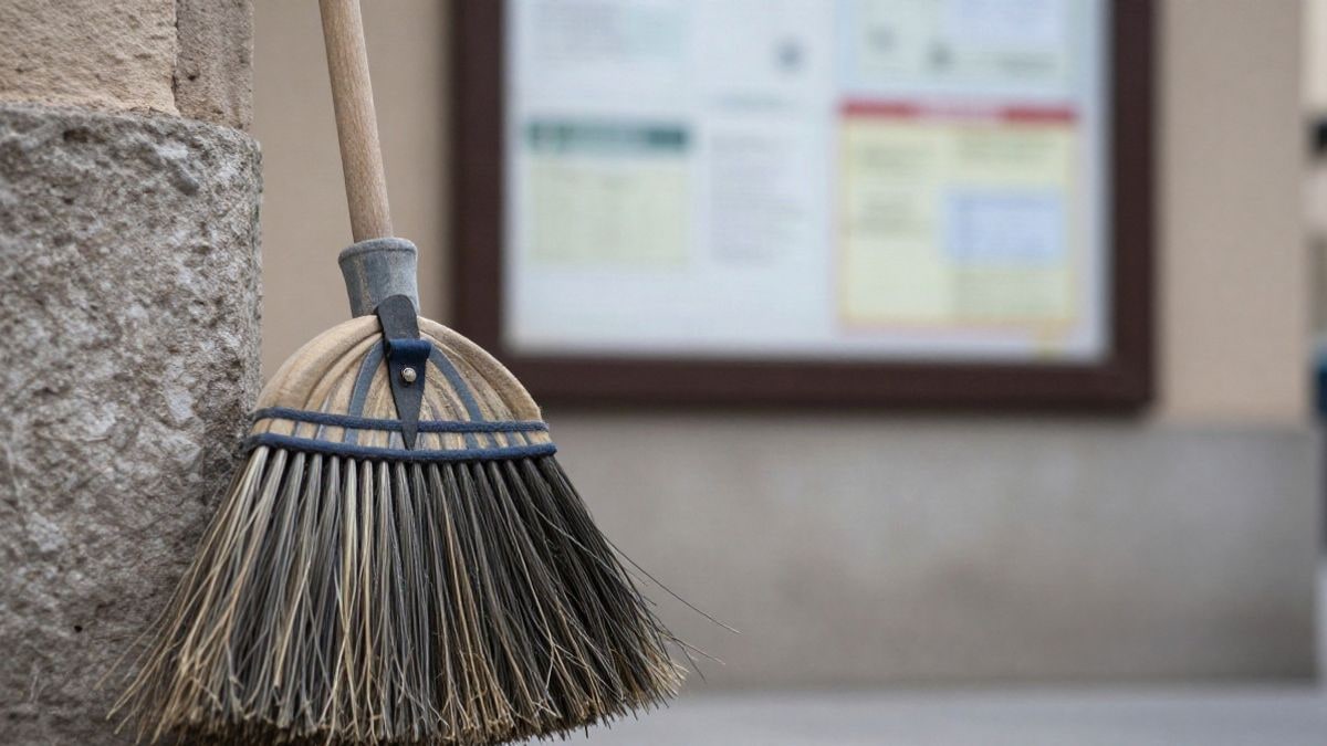 Imagen ilustrativa: primer plano de una escoba de barrendero junto a un tablón de anuncios municipal