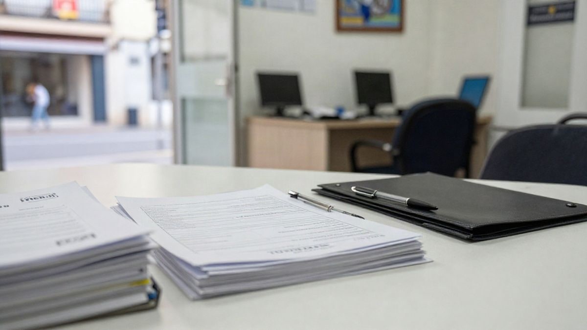 Imagen ilustrativa: un escritorio de oficina municipal con formularios de solicitud, un bolígrafo y una carpeta en una sala de atención al público.