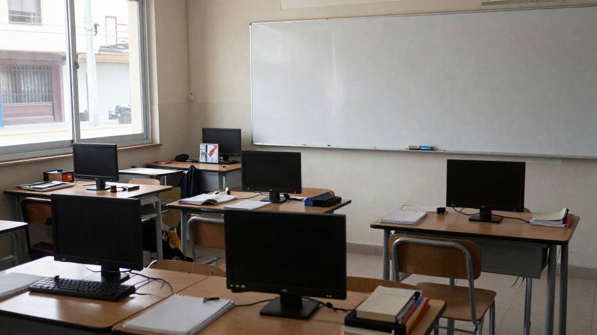 Imagen ilustrativa: aula de formación profesional vacía con ordenadores y pizarra.
