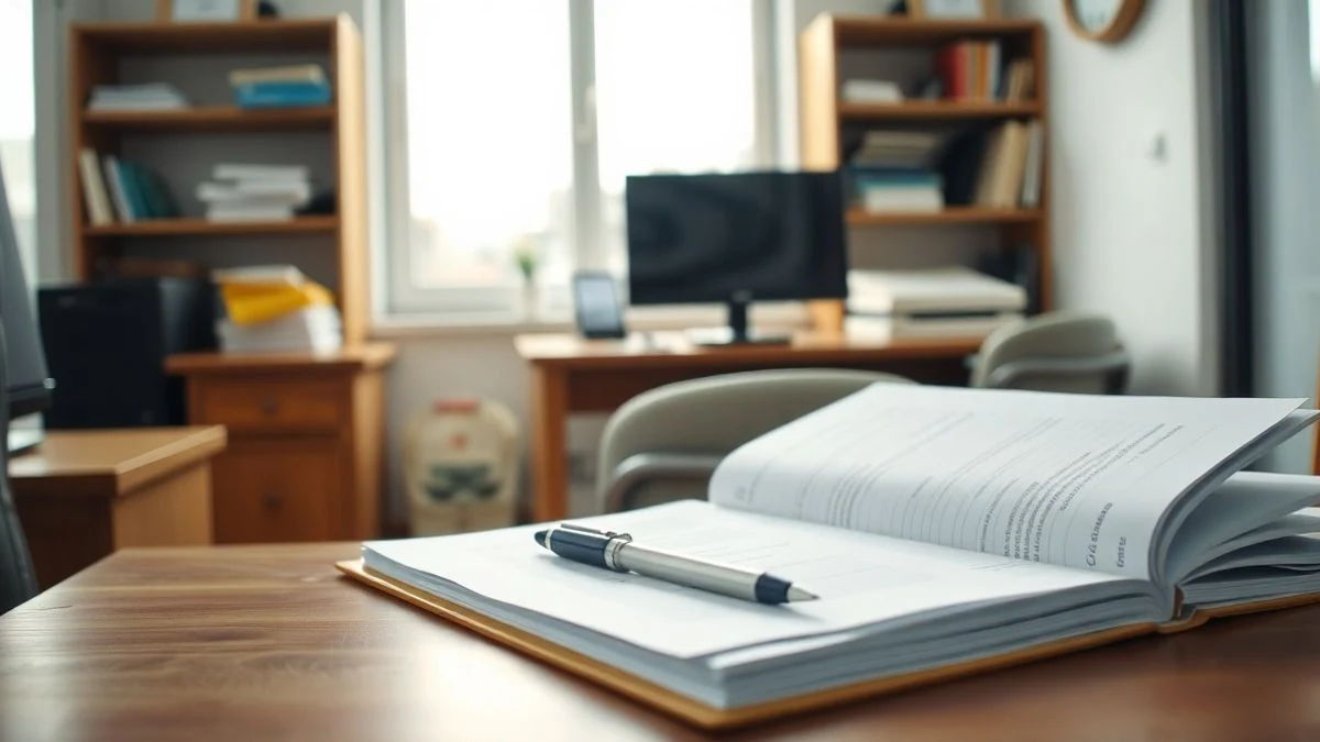 Illustrative image: official documents and a pen on a wooden table in a municipal office