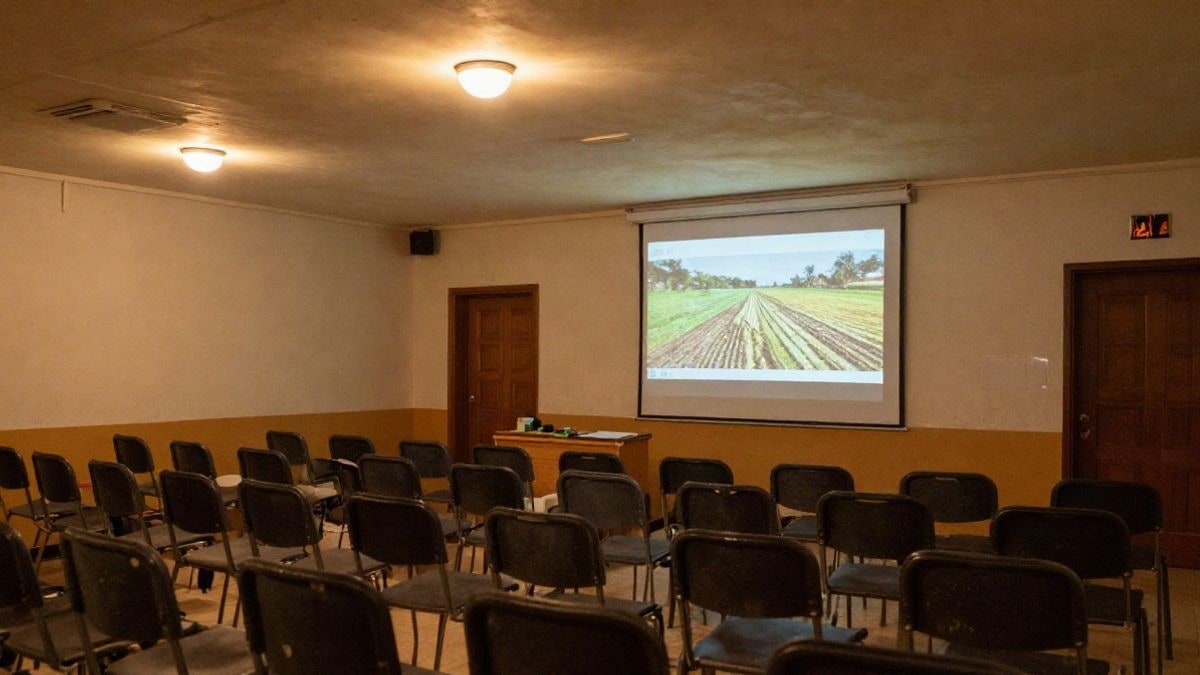 Imagen ilustrativa: aula de formación rural con sillas vacías y proyector encendido