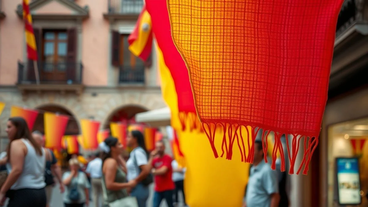 Imagen ilustrativa: detalle de tela festiva de colores rojo y amarillo en una plaza de pueblo, con fondo desenfocado.