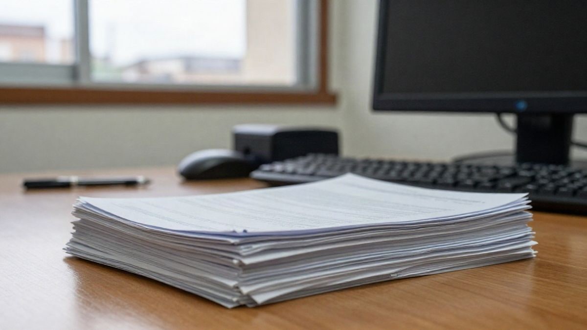 Imagen ilustrativa: formularios de papel y un bolígrafo sobre una mesa de oficina municipal.