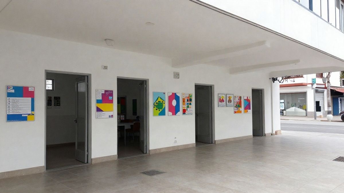 Imagen ilustrativa: interior de un centro cultural con pasillo y puertas abiertas, carteles en las paredes y luz natural.