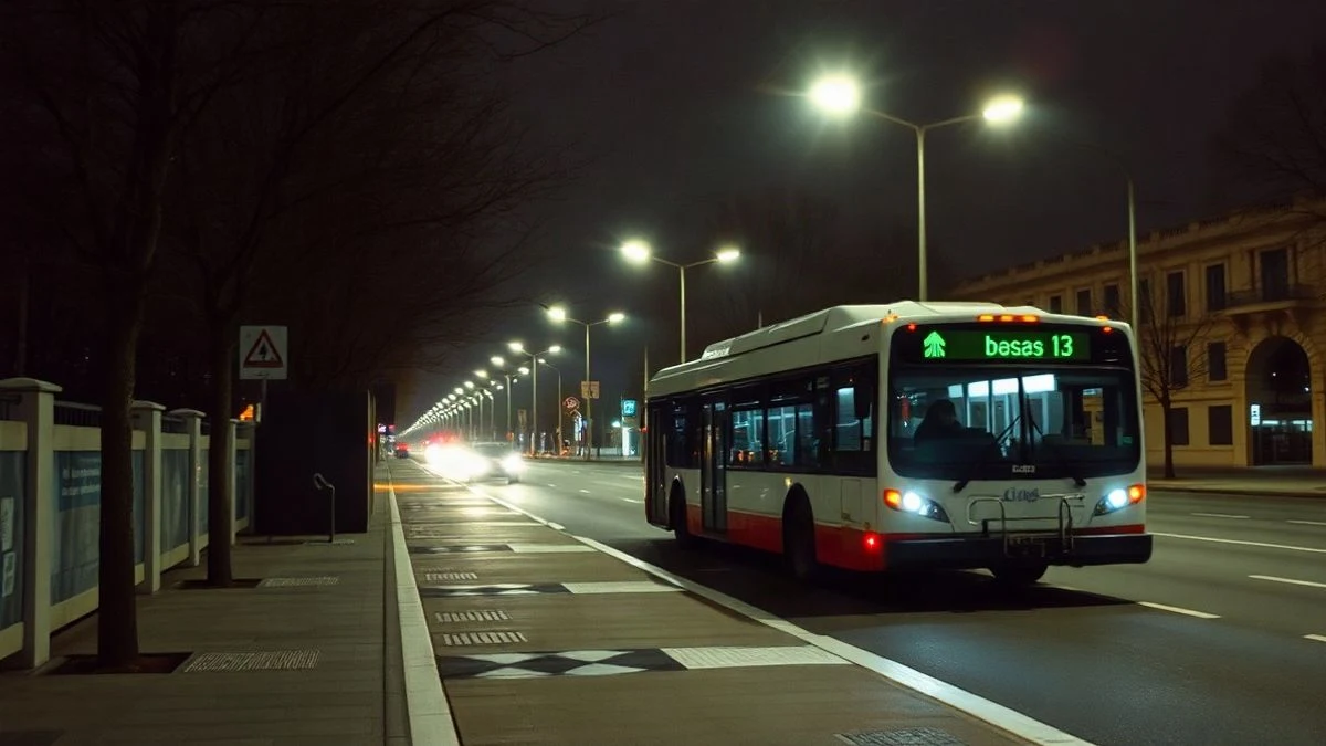 Imagen ilustrativa: una parada de autobús urbano en una calle de noche, con un autobús acercándose bajo las farolas.