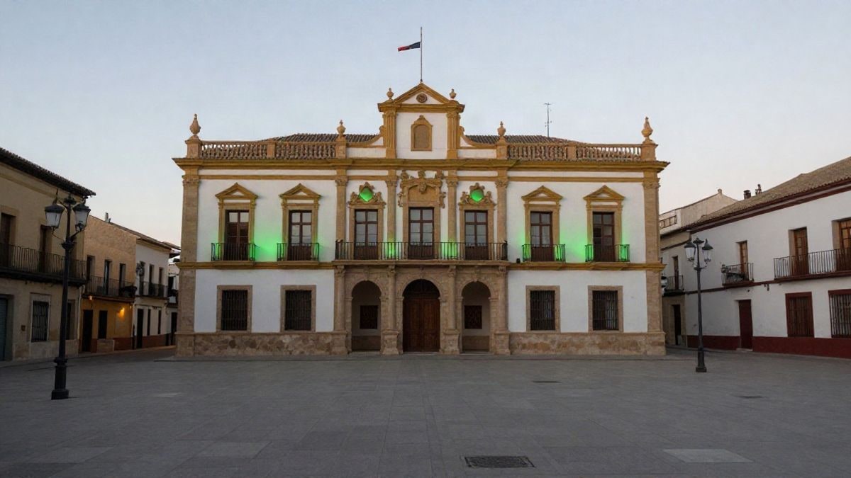 Imagen ilustrativa: fachada de un edificio institucional genérico iluminada de verde al anochecer
