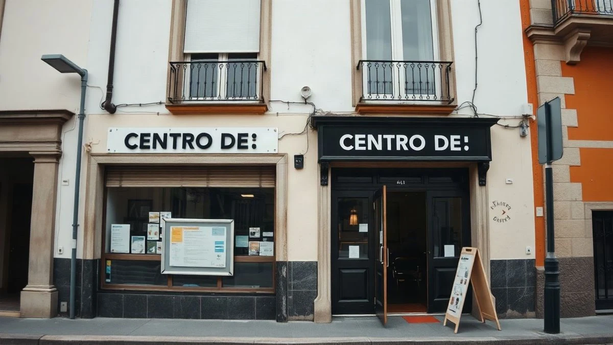 Imagen ilustrativa: fachada de un centro municipal de mayores con un cartel genérico en una calle de Móstoles.
