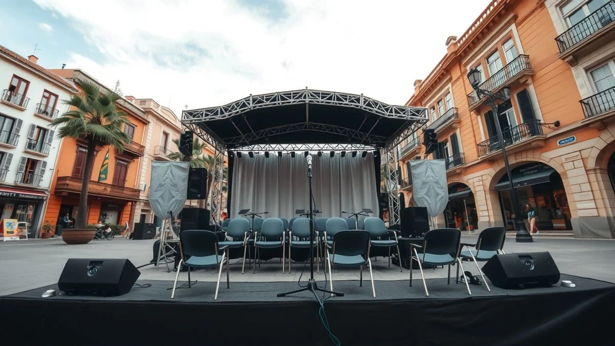 Imagen ilustrativa: escenario montado en una plaza española para un concierto al aire libre, con sillas vacías y micrófono, a ras de suelo con cielo de fondo