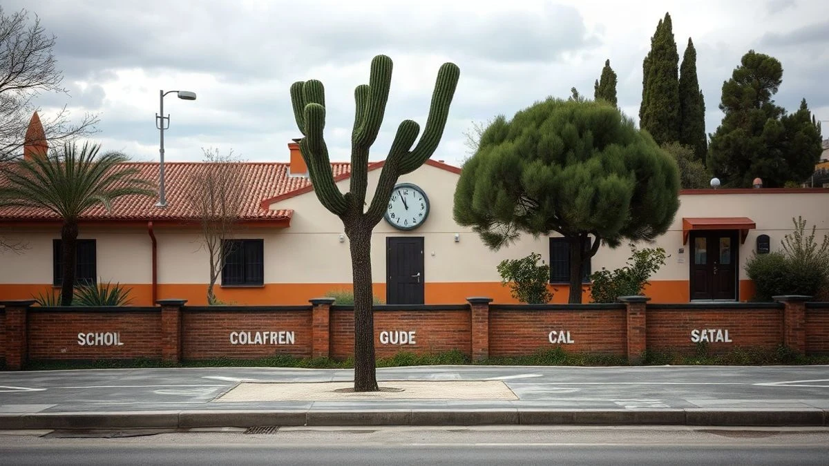 Imagen ilustrativa: patio de un colegio español vacío, con un reloj en la pared y luz de día nublado