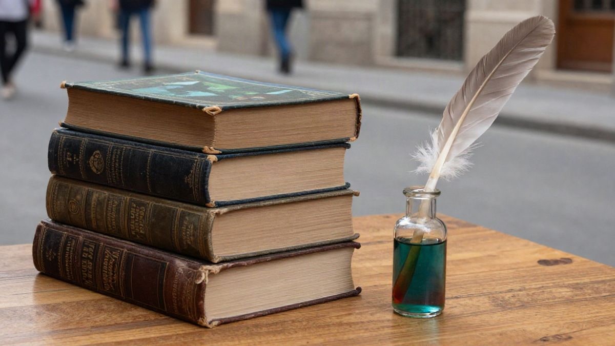 Imagen ilustrativa: primer plano de libros antiguos, un frasco de líquido de color y una pluma sobre una mesa de madera