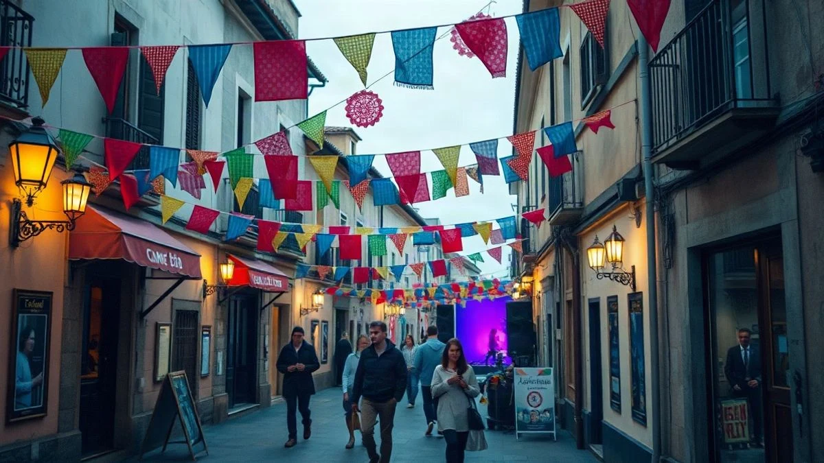 Imagen ilustrativa: calles engalanadas con banderines y luces festivas en un pueblo español durante unas fiestas populares.