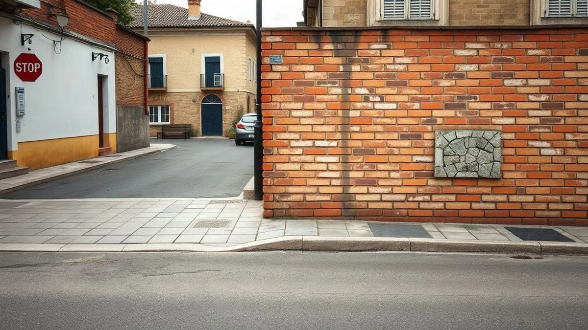 Imagen ilustrativa: una pared de ladrillo vista en una calle de pueblo, con una escalera de madera apoyada y botes de pintura en el suelo.