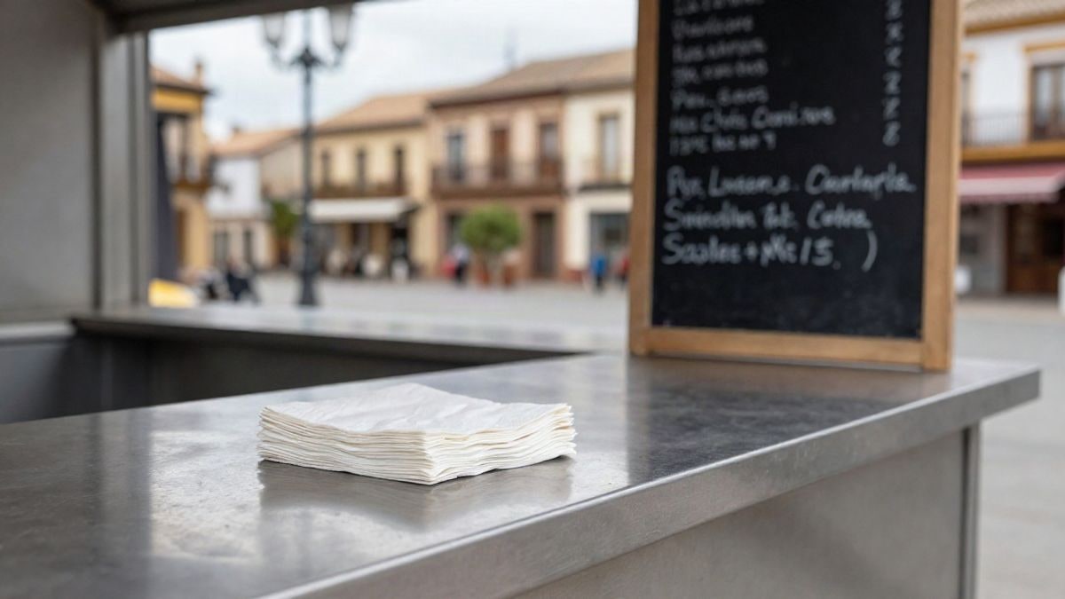 Imagen ilustrativa: detalle de la barra metálica de un food truck con servilletas y menú en pizarra