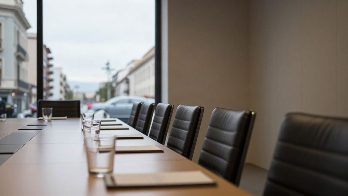 Imagen ilustrativa: sala de reuniones institucional con mesa vacía y luz de día