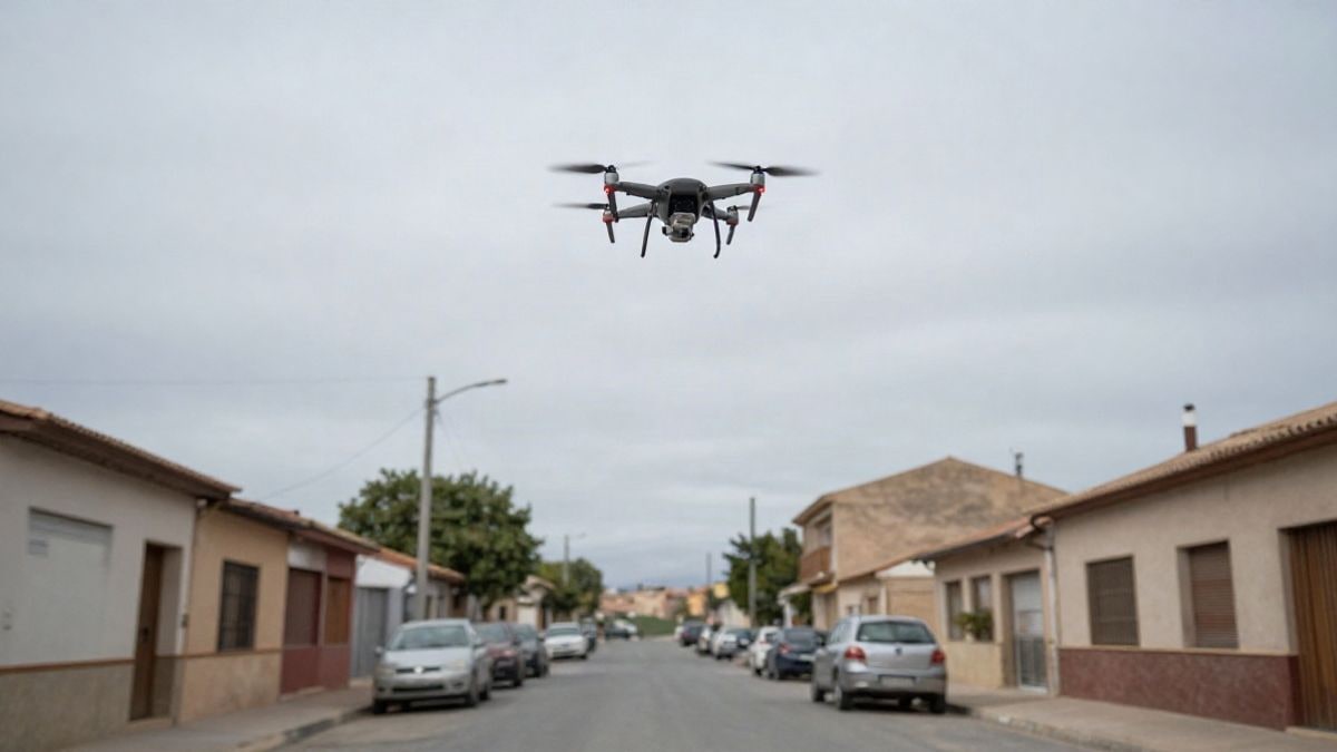 Imagen ilustrativa: un dron sobrevolando una calle genérica de un municipio