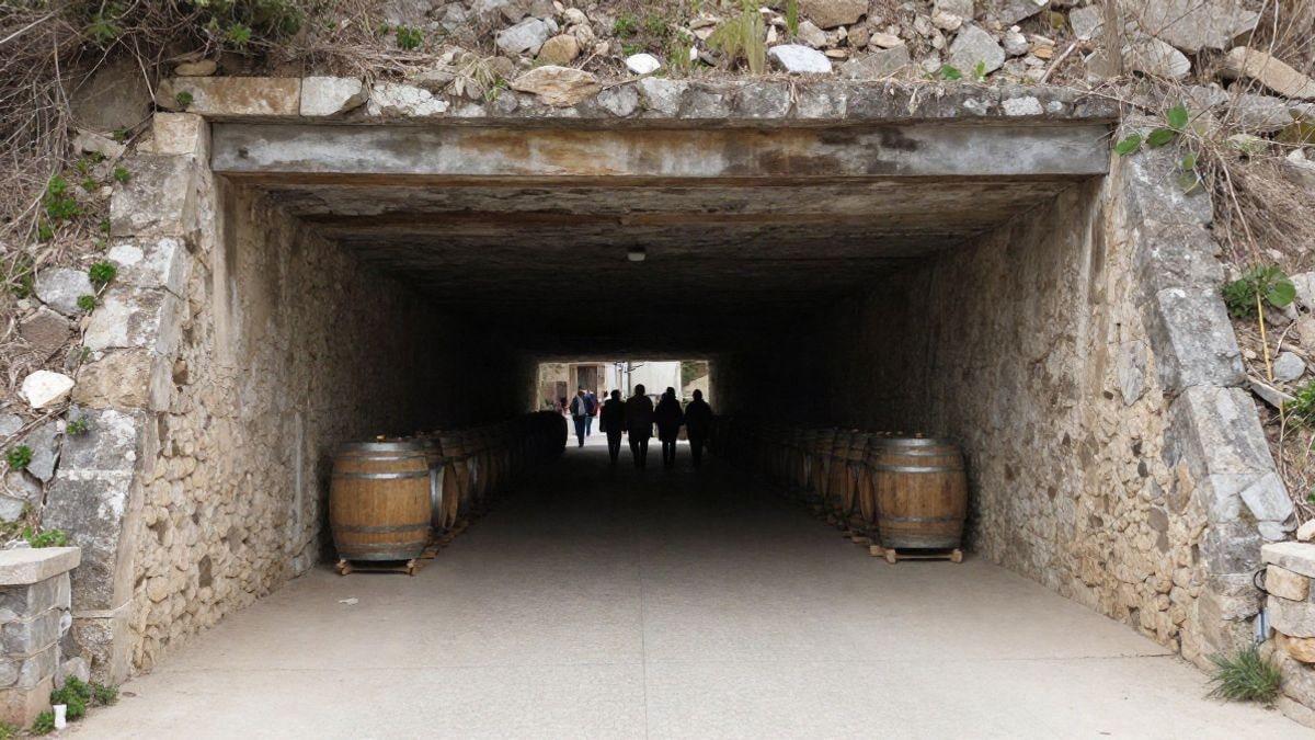 Imagen ilustrativa: entrada de una cueva histórica excavada en un cerro, con barricas en su interior
