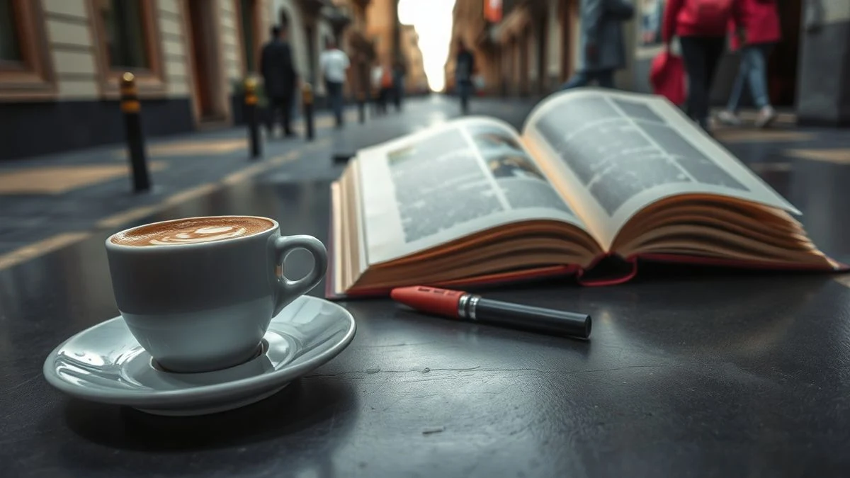 Imagen ilustrativa: un teléfono móvil boca abajo sobre una mesa de terraza junto a un café y un libro, con personas conversando al fondo.