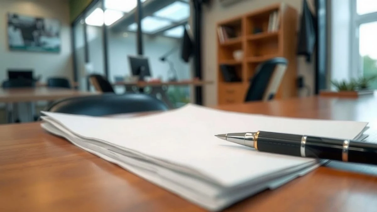 Imagen ilustrativa: un formulario de inscripción y un bolígrafo sobre una mesa de madera, con fondo de oficina desenfocado.