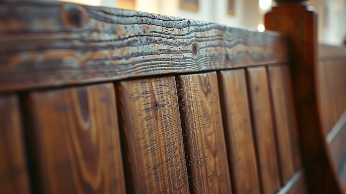 Imagen ilustrativa: detalle de la textura de un banco de madera antiguo en el interior de una iglesia.