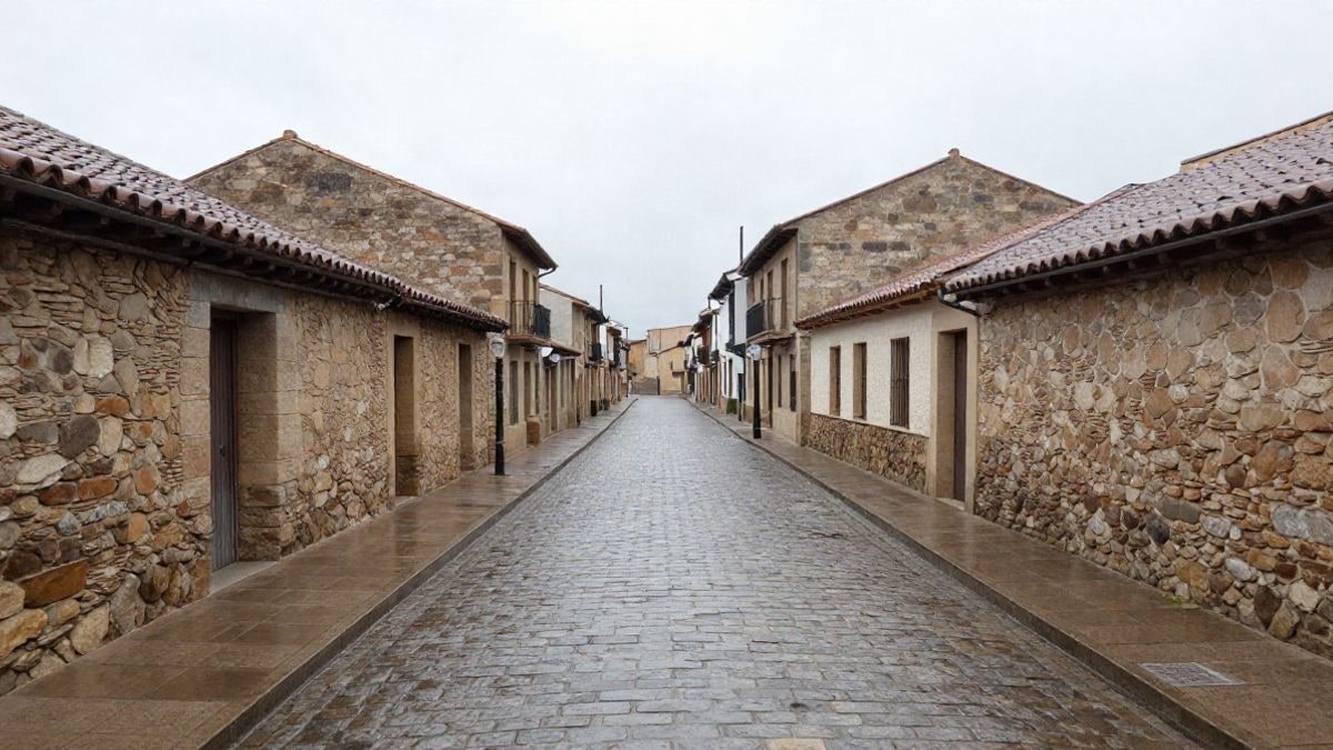 Imagen ilustrativa: calle de un pueblo español con adoquines mojados tras la lluvia