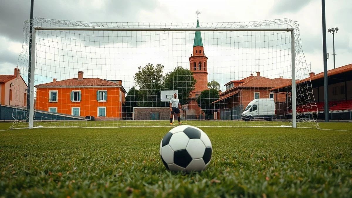 Imagen ilustrativa: campo de fútbol con portería y balón en un día nublado, en un entorno urbano español.