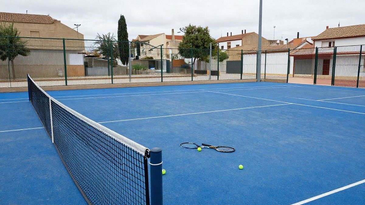 Imagen ilustrativa: pista de pádel vacía con red y palas en el suelo en un parque deportivo