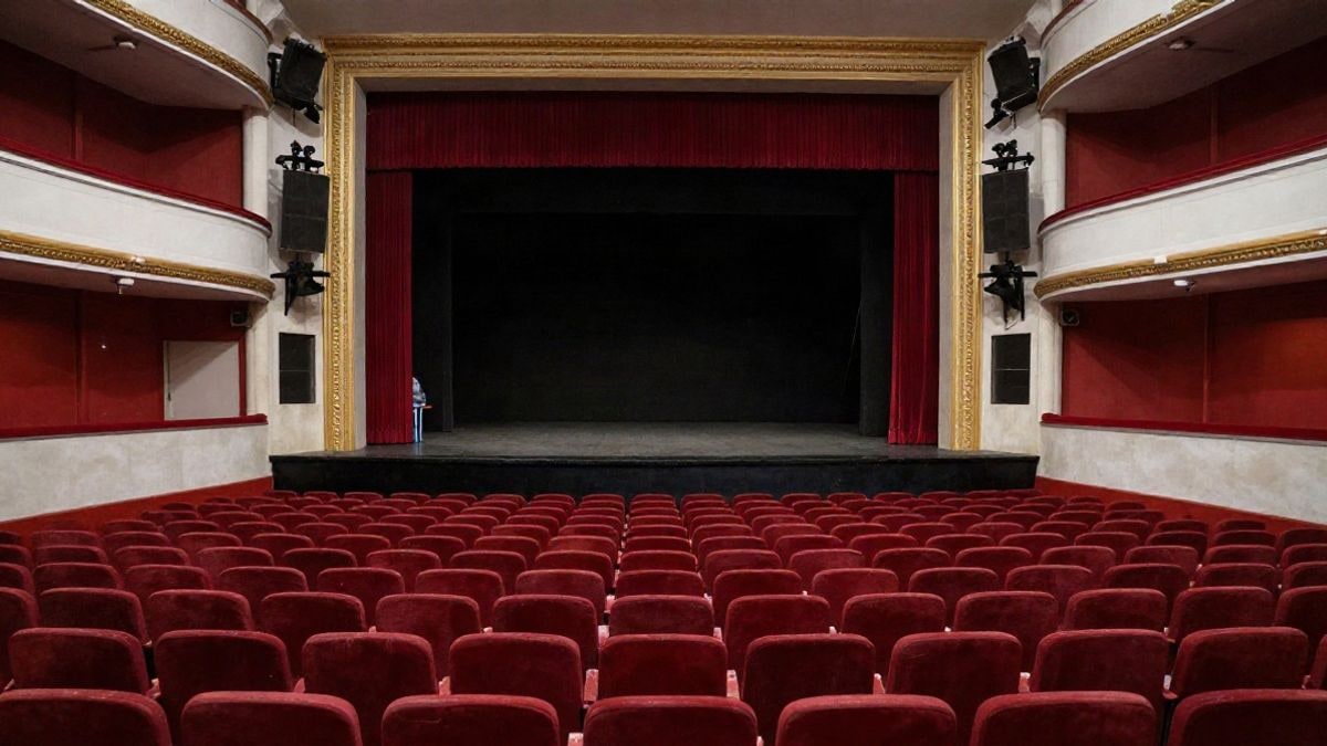 Imagen ilustrativa: gran angular de un teatro vacío con butacas rojas y escenario iluminado