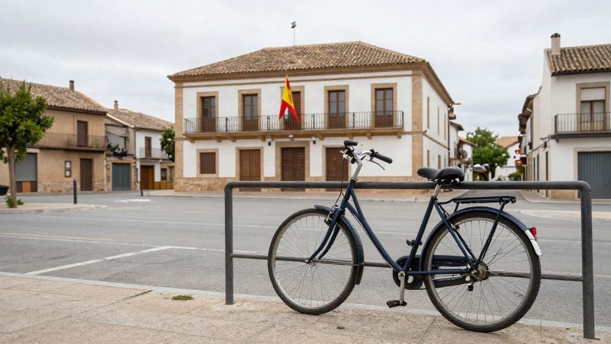Imagen ilustrativa: una bicicleta apoyada en una barandilla en una calle de un pueblo español, con un edificio institucional al fondo.