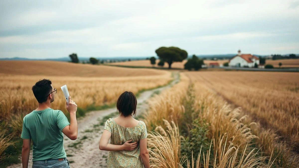 Illustrative image: an open field in a village with a distant group of people looking at the sky during a solar eclipse.