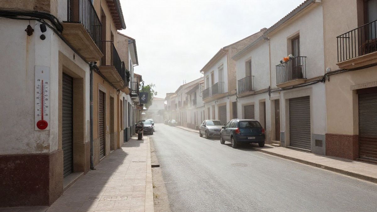 Illustrative image: empty street in a Spanish municipality with closed shutters and a thermometer on the facade during a hot day.