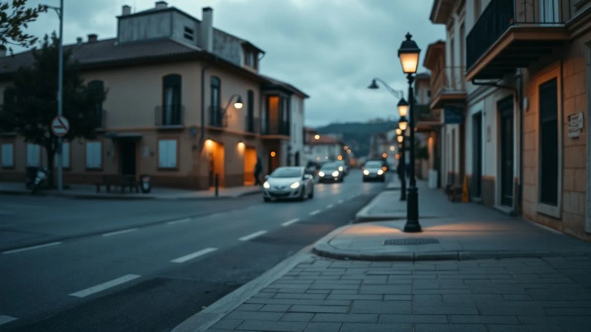 Imagen ilustrativa: calle residencial española recién pavimentada con farolas encendidas y coches aparcados en una plaza al fondo.