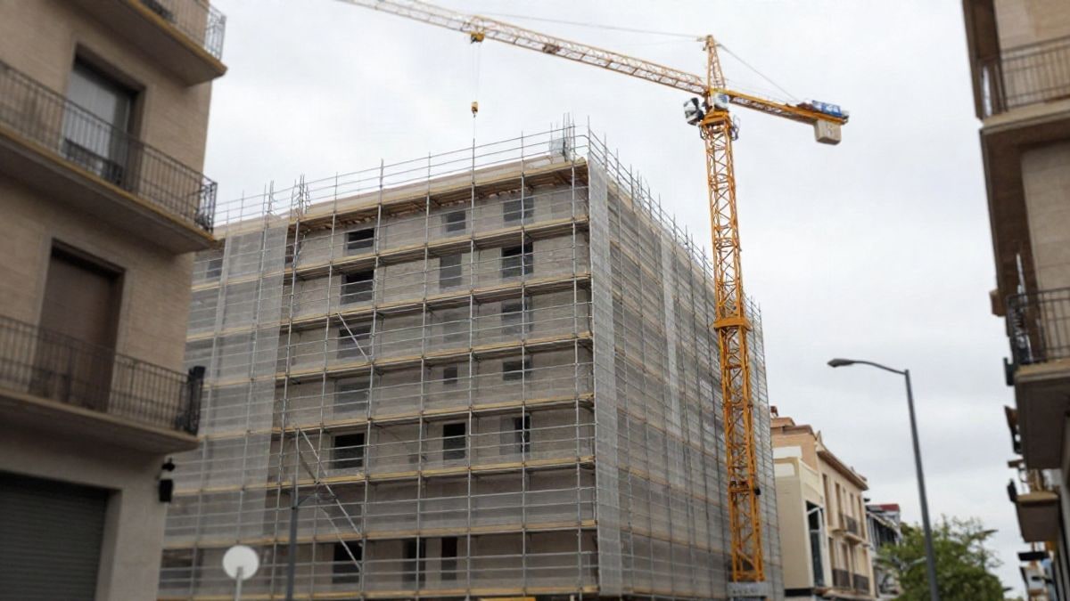 Illustrative image: modern residential building under construction with scaffolding and crane, viewed from the street