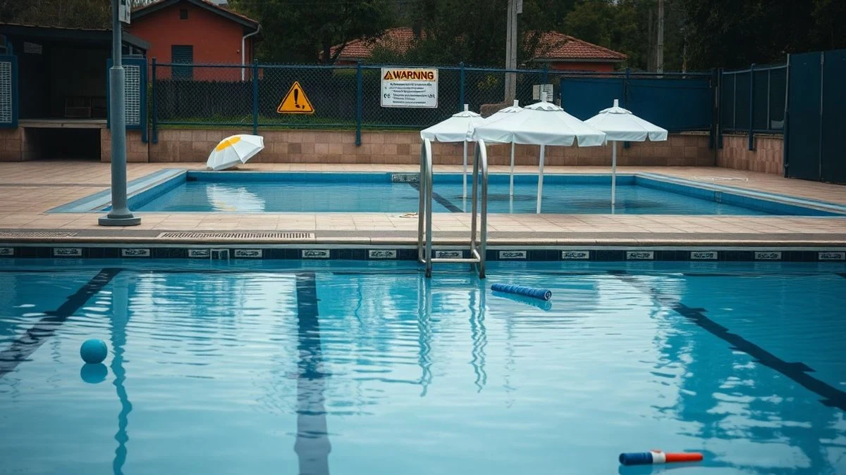 Imagen ilustrativa: piscina municipal vallada con sombrillas volcadas y objetos en el agua, cielo nublado.