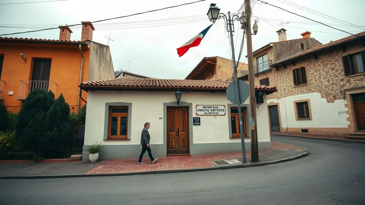 Illustrative image: a municipal building in a village in the Sierra Norte with young people approaching the entrance, on a cloudy day.