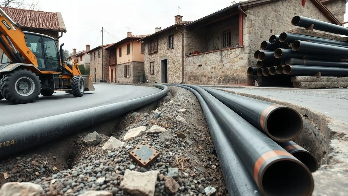 Illustrative image: pipe replacement works on a street in a mountain village, with an open trench and new pipes stacked.