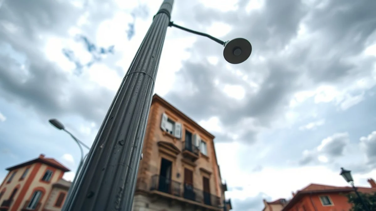 Illustrative image: a modern streetlight with a small sensor on a central Spanish street, viewed from the ground with sky in the background.